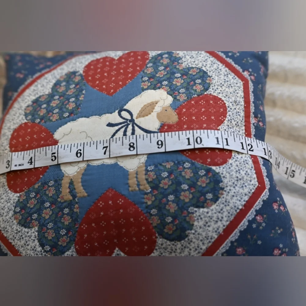 Sheep Lamb Flowers Heart Handcrafted Patch Blue Red White Accent Pillow 14x14